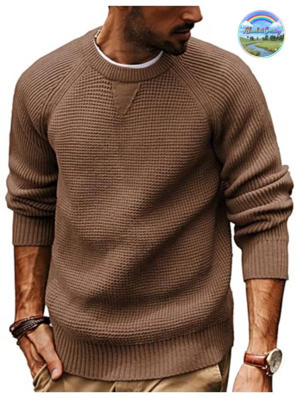 Mens Waffle Knit Pullover Sweater Crewneck Raglan Long Sleeve